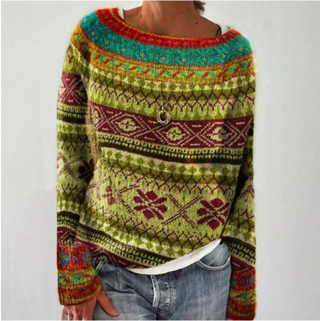 New Loose Vintage Jacquard Ethnic Style Pullover Sweater | EGEMISS