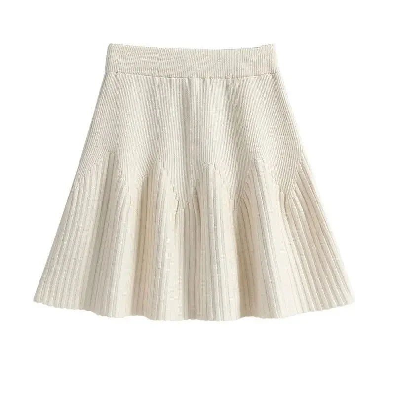 Brownm Solid A-line Knitted Pleated Mini Skirt