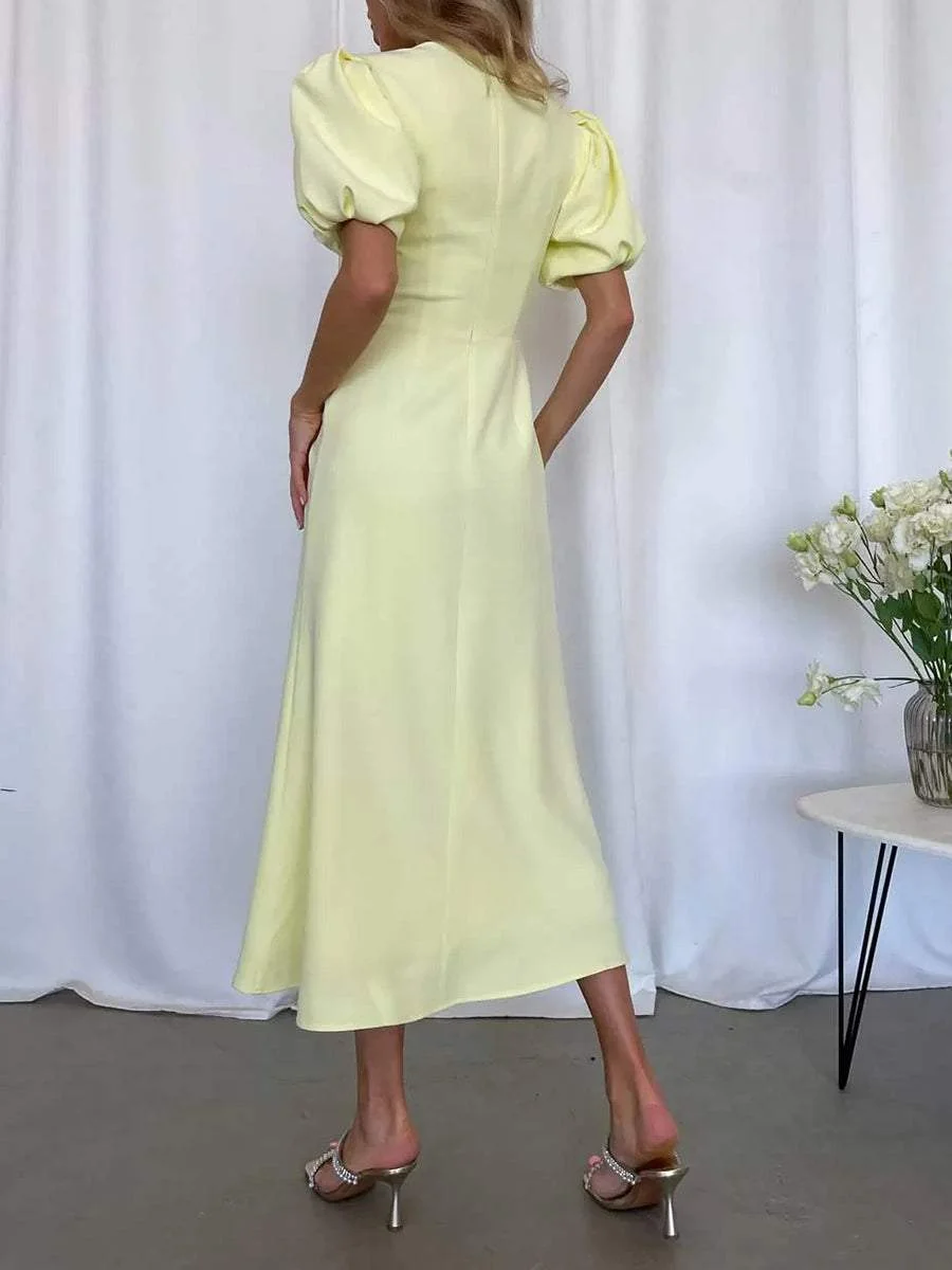 Simple High Waist Puff Sleeve Midi Dress