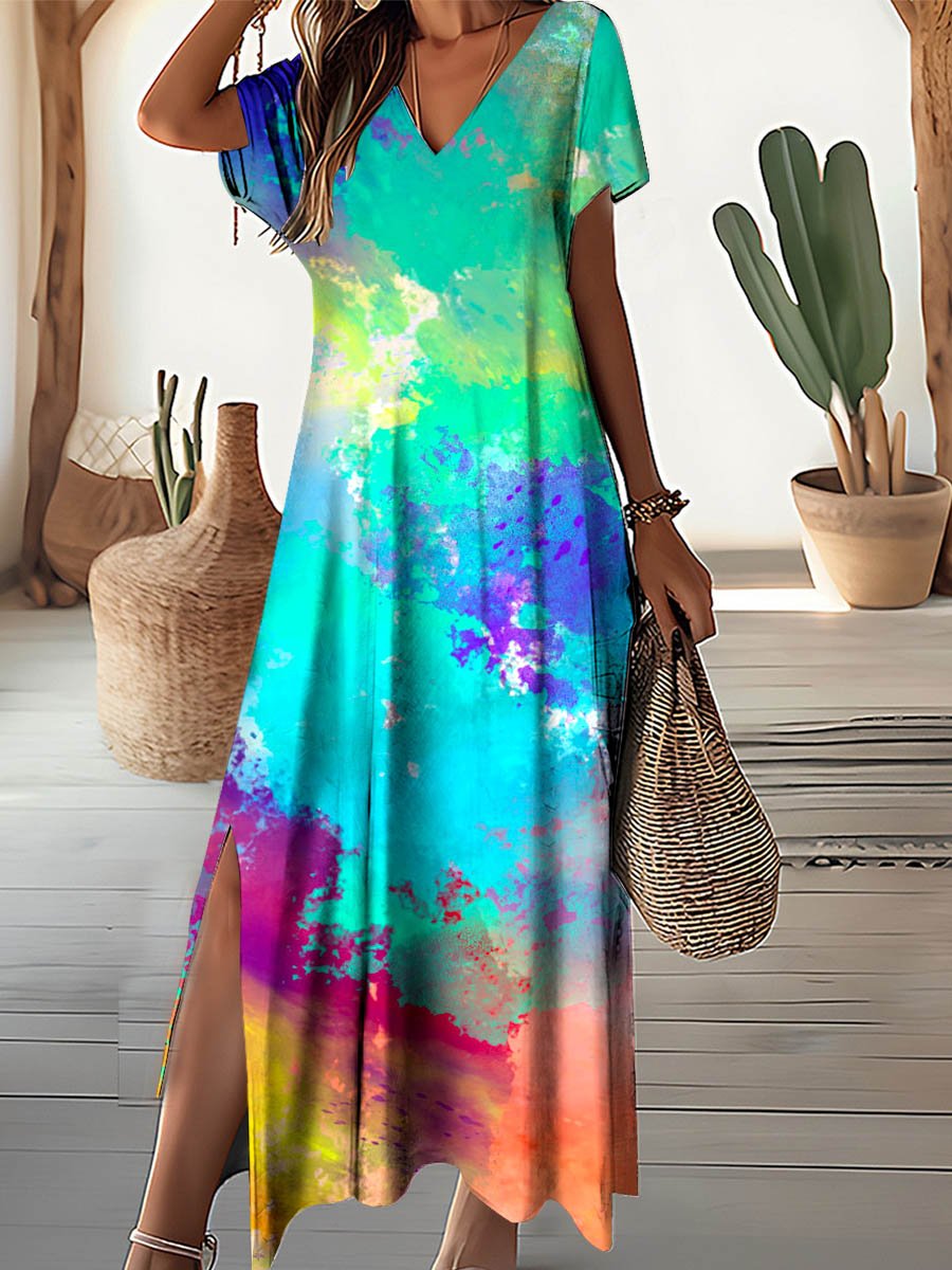 Women's Art Inkjet Pattern Resort V-Neck Dress