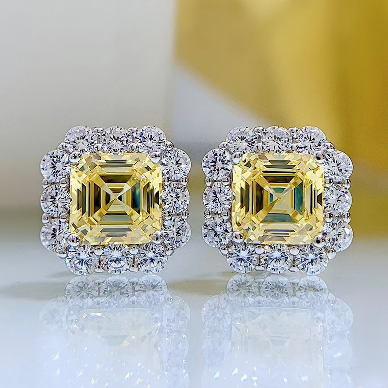 MIKAMU Jewelry 2 Carat Tower-Cut Colored Diamond Stud Earrings for Women - Asscher-Cut Yellow and Pink Diamond Earrings