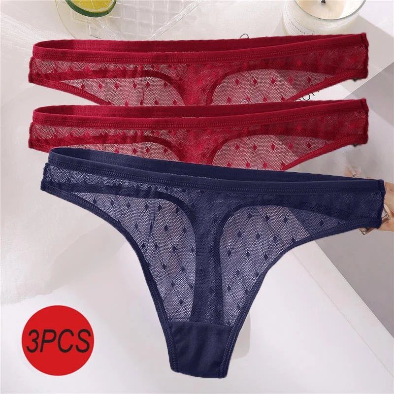 3PCS/Set Sexy Panties Women G-String Thong Lace Underwear Pantys Low-Waist Female Underpants Mesh Perspective Briefs Lingerie