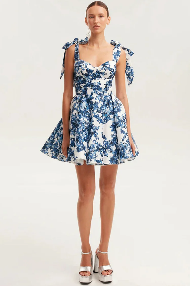 Party Blue Floral Print Bow Straps Mini Dress