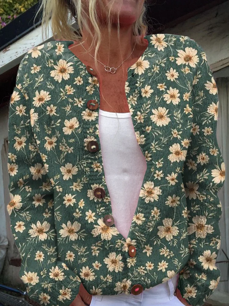 Floral Daisies Print Buttoned Cardigan Sweater