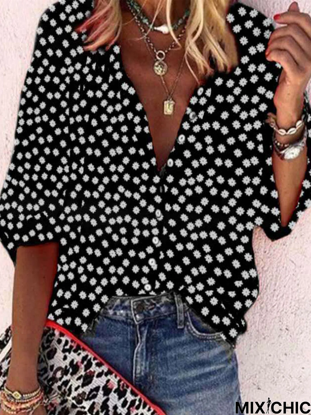 Vintage Half Sleeve Boho Floral Printed V Neck Casual Top Blouse