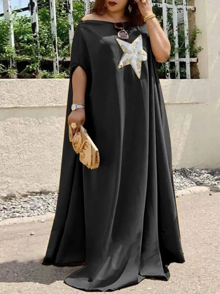 VONDA 2022 Women Summer Off Shoulder Sexy Dress Vintage Short Sleeve Star Print Maxi Long Dresses Ladies Party Vestidos Oversize