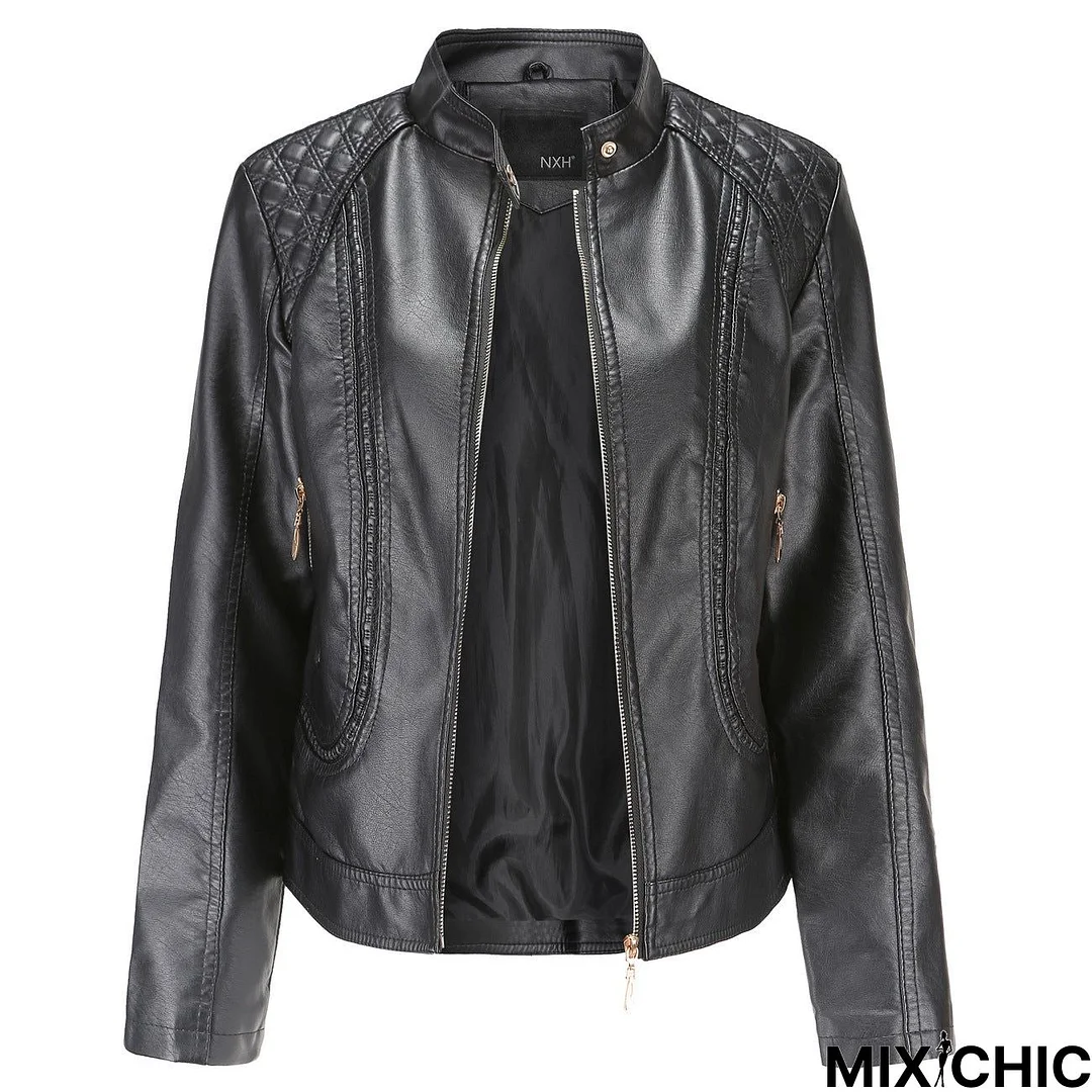 Women's Leather Jacket Long Sleeve Temperament Plus Size Collar Coat