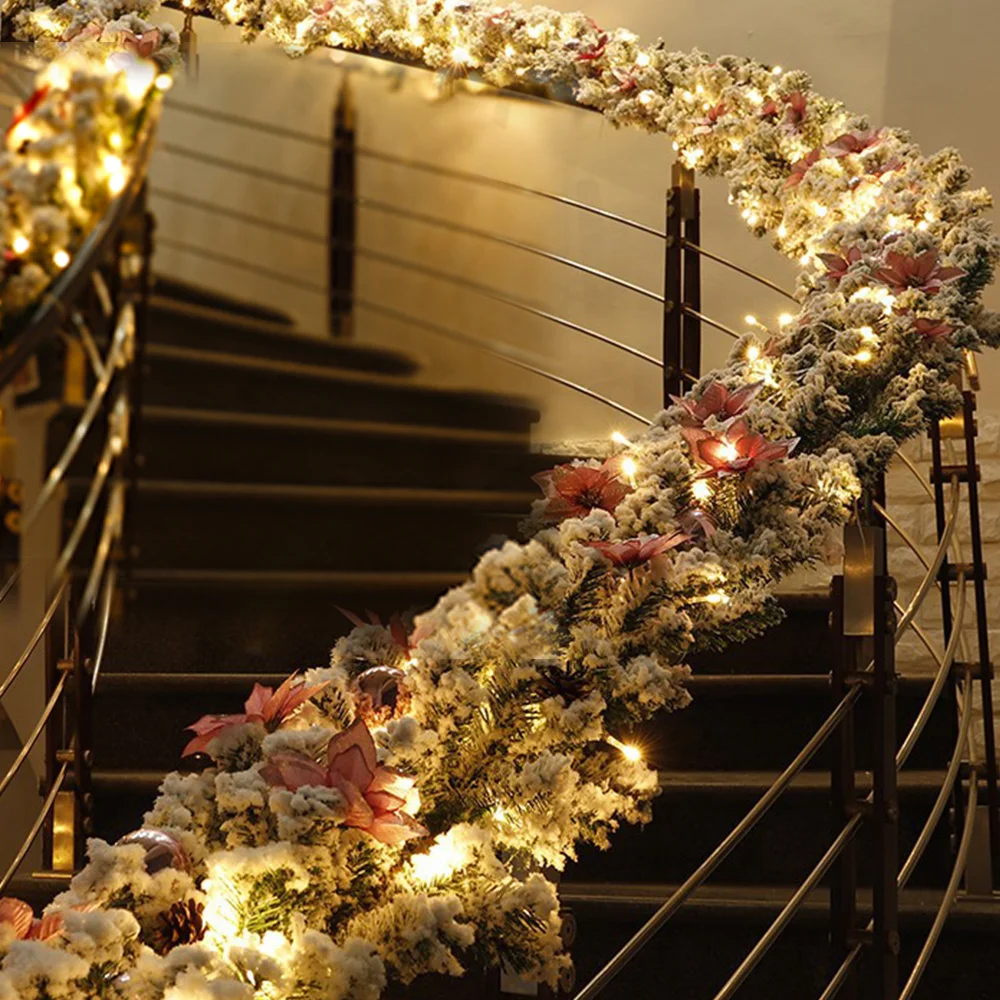 Christmas flocked luminous rattan festive mall stair railing decoration