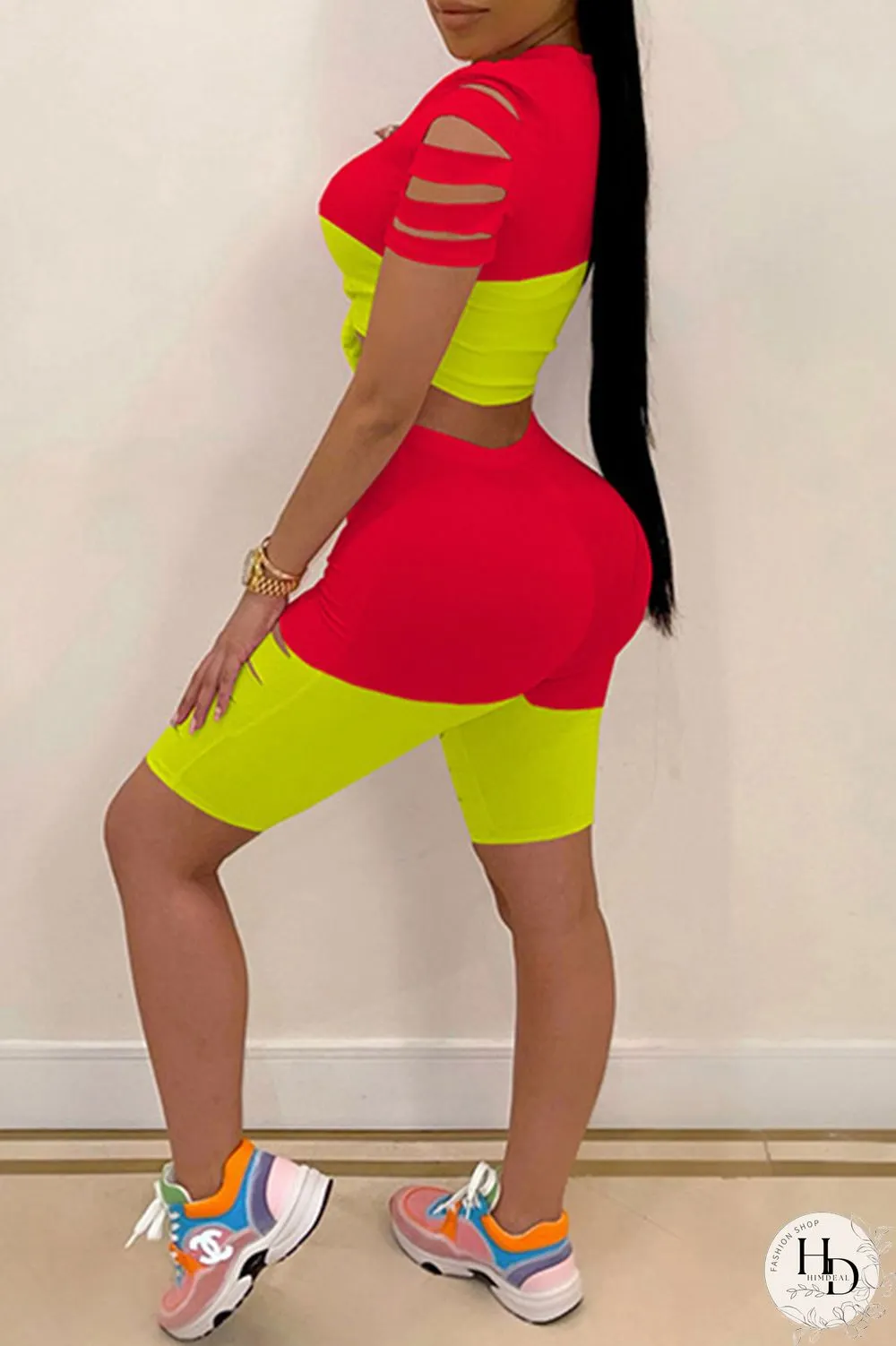 Red Fashion Casual Letter Print Ripped Split Joint O Neck Short Sleeve Two Pieces