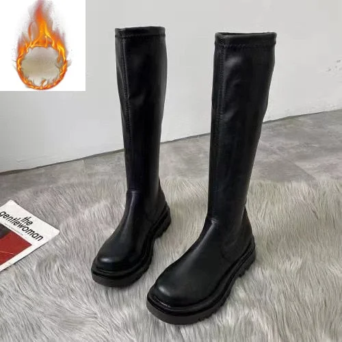 2021 Platform Knee High Boots Slip-on Block Heel Footwear Women Thick High Heels PU Leather Shoes Fashion Spring Female Boots