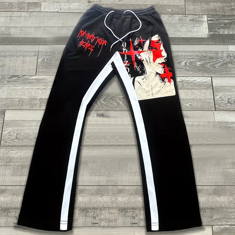 Stylish Contrast Cool Girl Print Patchwork Flared Sweats Trousers