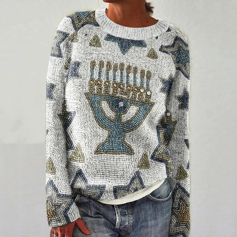 Hanukkah Embroidery Art Knitted Sweater