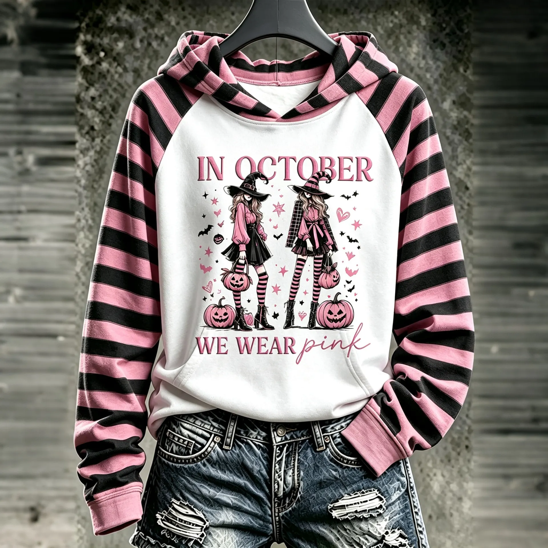 Comstylish Women's Pink Halloween Witch Letter Striped Hoodie