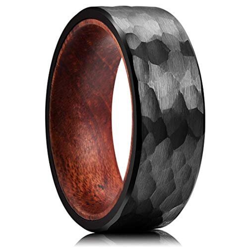 Women's Or Men's Black Hammered Finish Tungsten Carbide Wedding Band Rings with Inside Wood Inlay With Mens And Womens Ring For Width 4MM 6MM 8MM 10MM