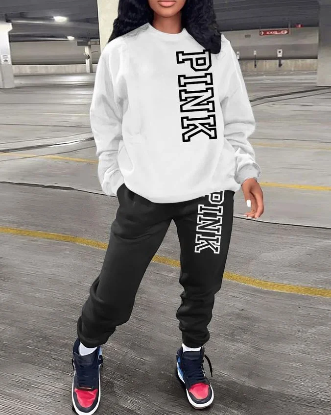 Daily Letter Pattern Sweatshirt Two Pieces Set