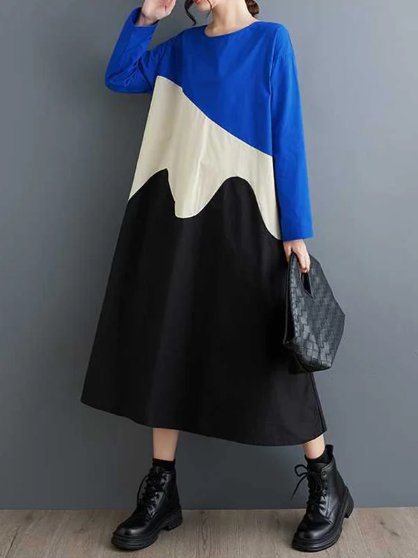 A-Line Long Sleeves Contrast Color Round-Neck Midi Dresses