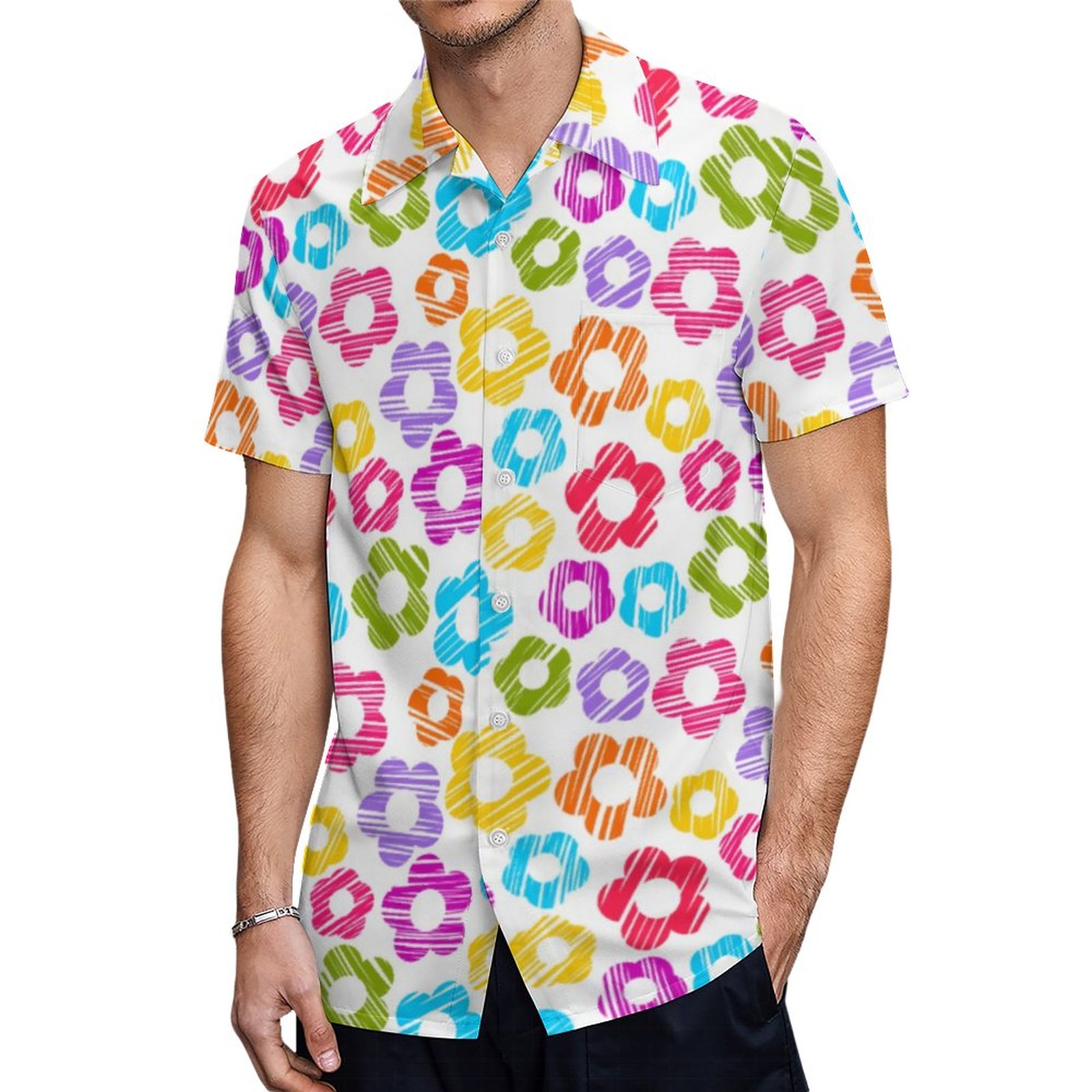 Colorful Freehand Drawn Flowers Keychain Hawaiian Shirt Mens Button Down Plus Size Tropical Hawaii Beach Shirts