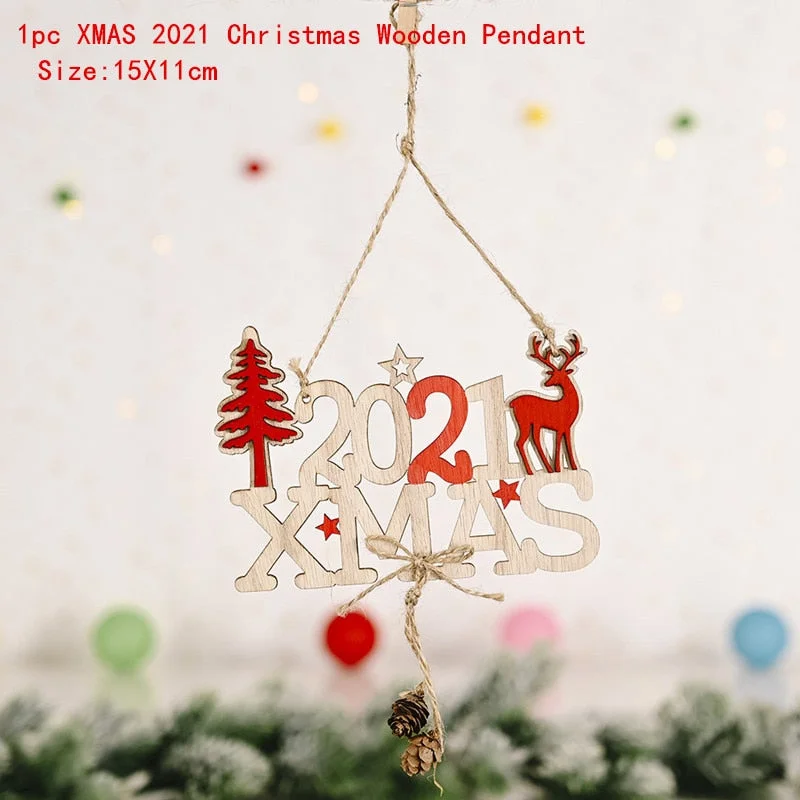 2022 New Year Xmas Elk Wood Craft Christmas Tree Ornament Noel Christmas Decoration for Home Wooden Pendant Navidad 2021 Gift