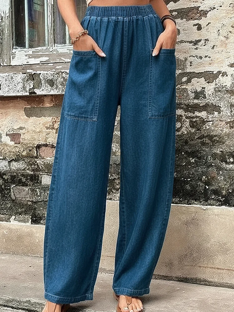 Cozy Pocket Denim Wide-leg Pants socialshop