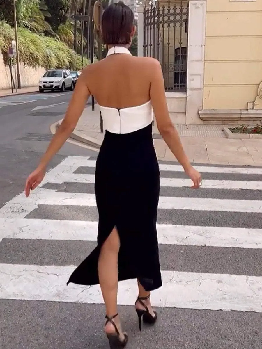 Elegant classic sleeveless black and white evening dress