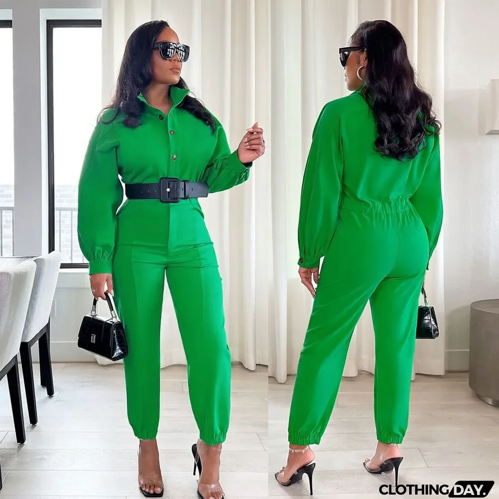Women Shirt Collar Slim Long Sleeve Jumpsuit