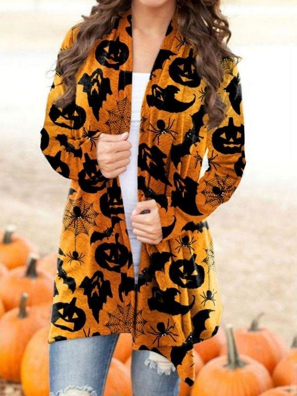 Halloween Pumpkin Bat Printed Daily V-neck Long Sleeve Cardigan Coats