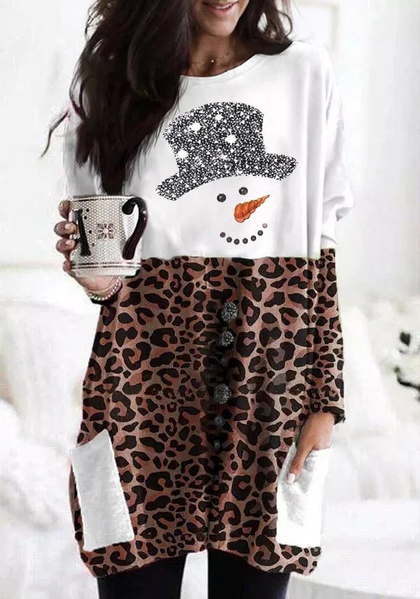 Snowman Leopard Pocket Mini Dress