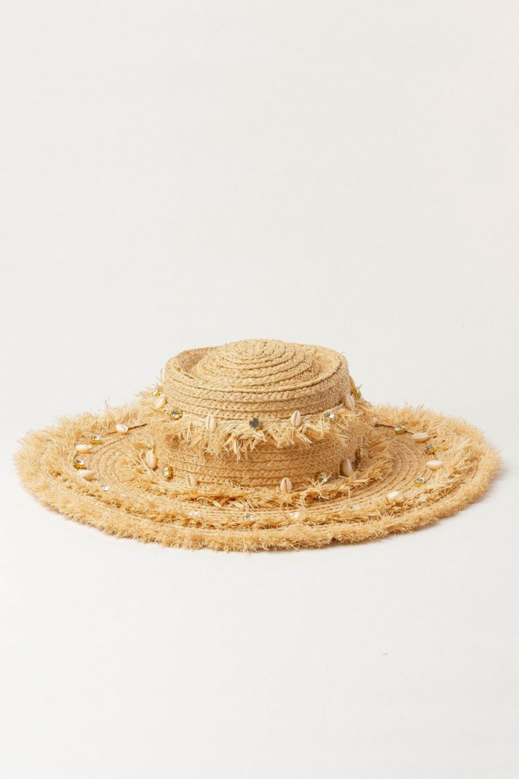 Glitter Frayed Shell Beach Straw Sun Hat-elleschic