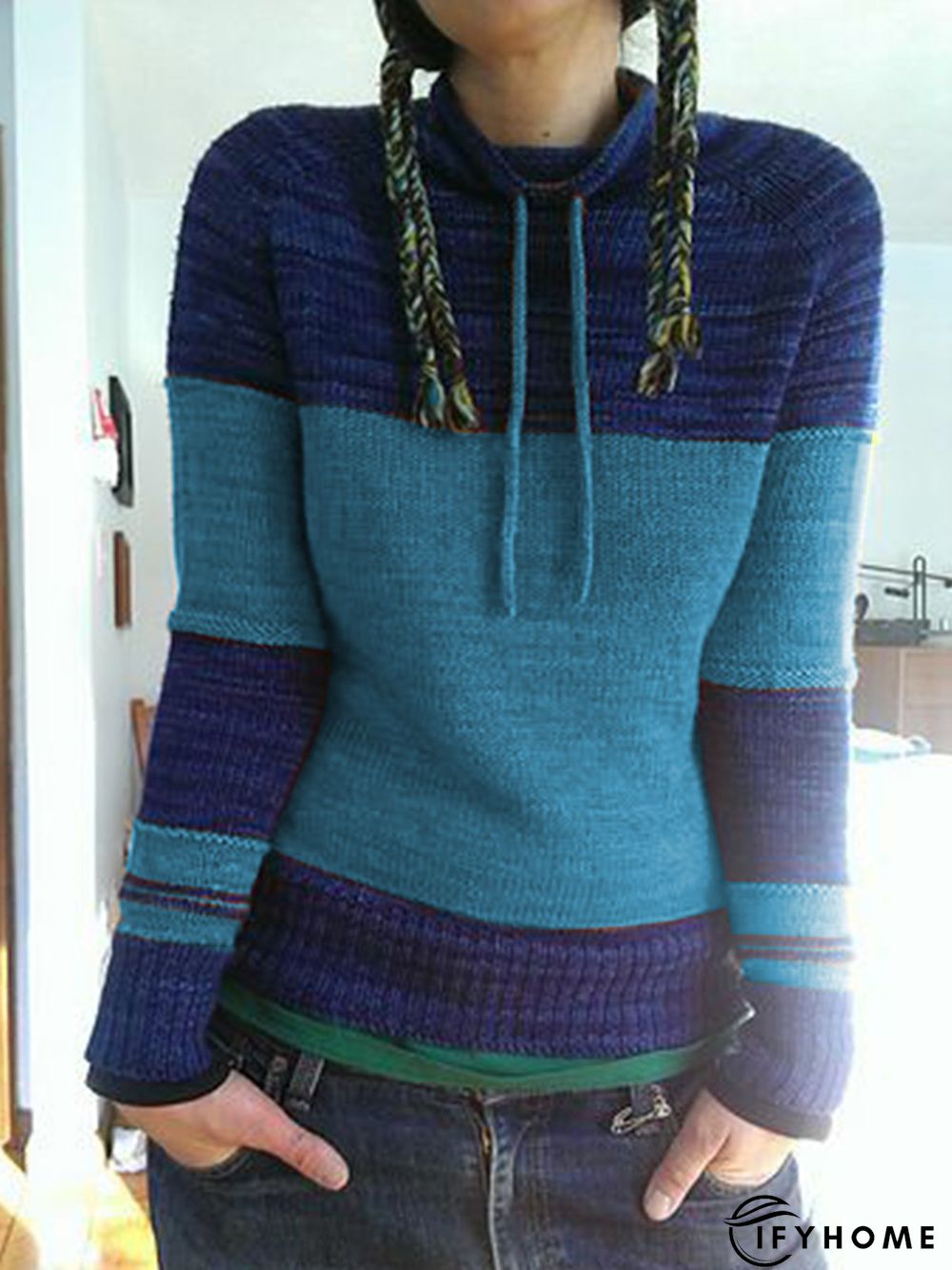 Women Color-Block Drawstring Necklline Vintage Winter Top | IFYHOME