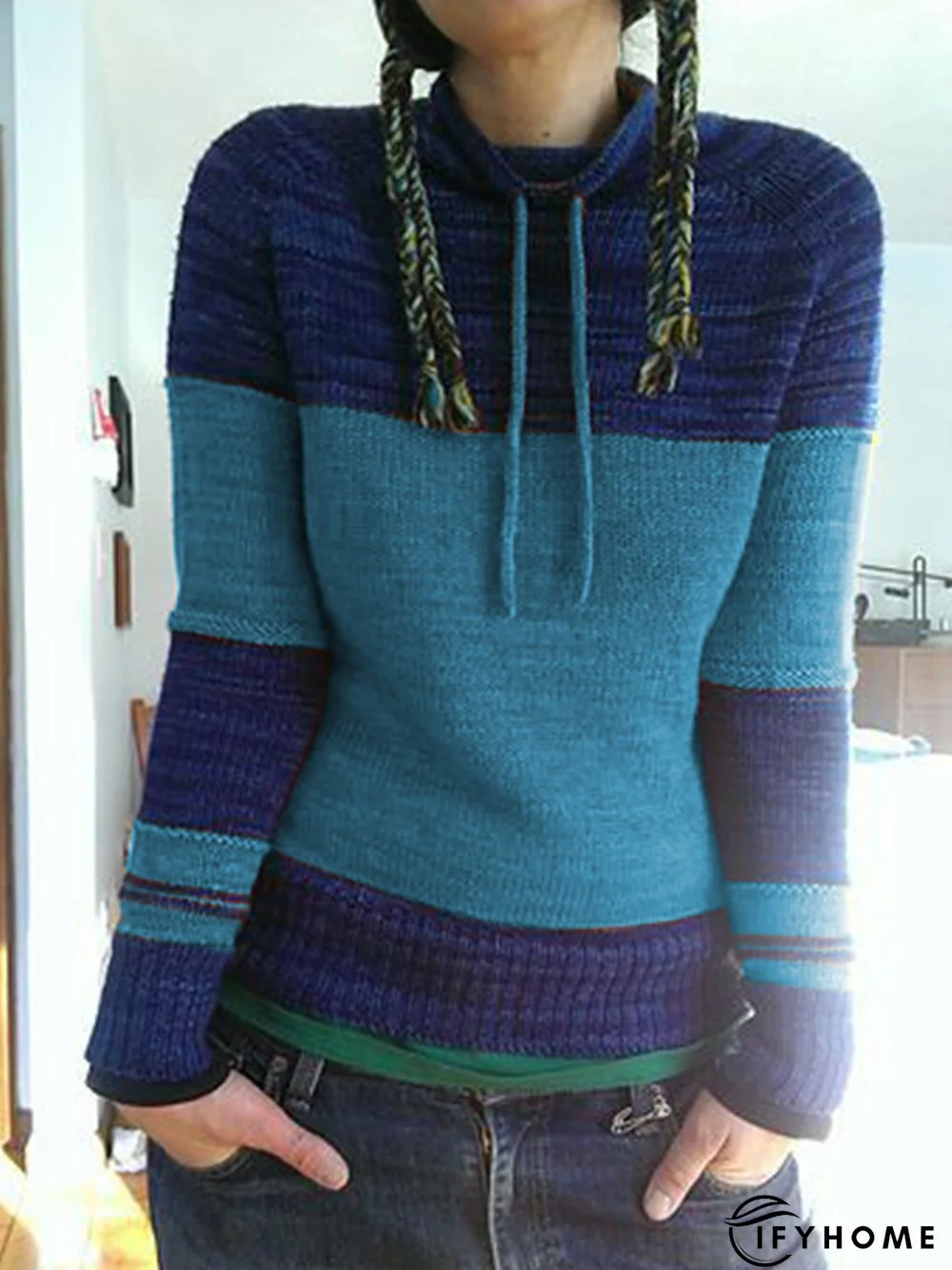 Women Color-Block Drawstring Necklline Vintage Winter Top | IFYHOME