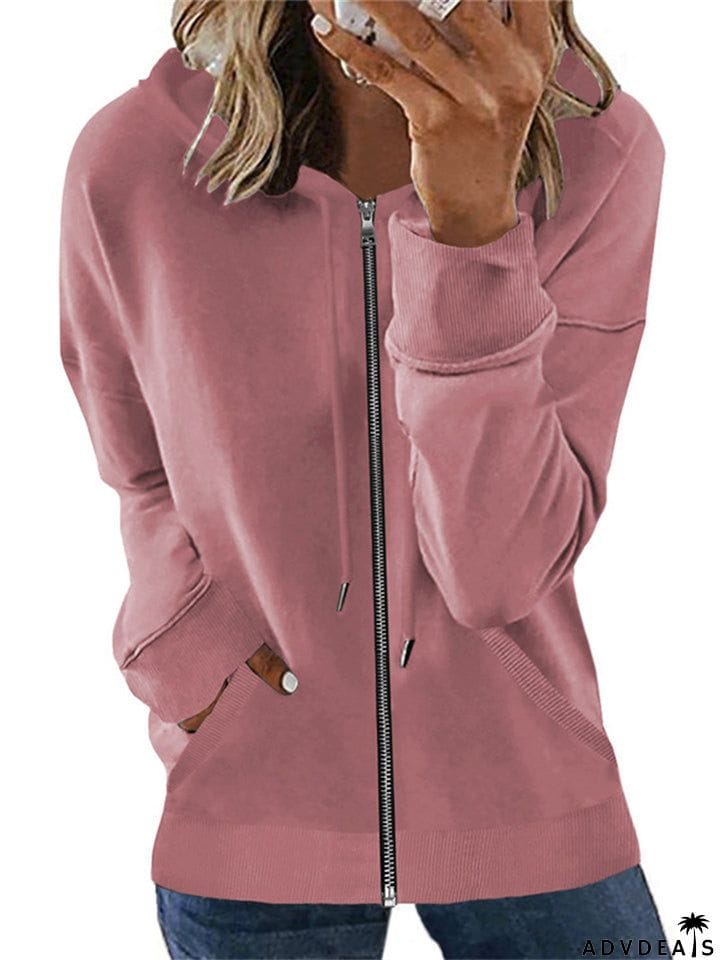 Casual Long Sleeve Solid Color Zipper Hoodies