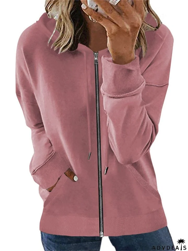 Casual Long Sleeve Solid Color Zipper Hoodies