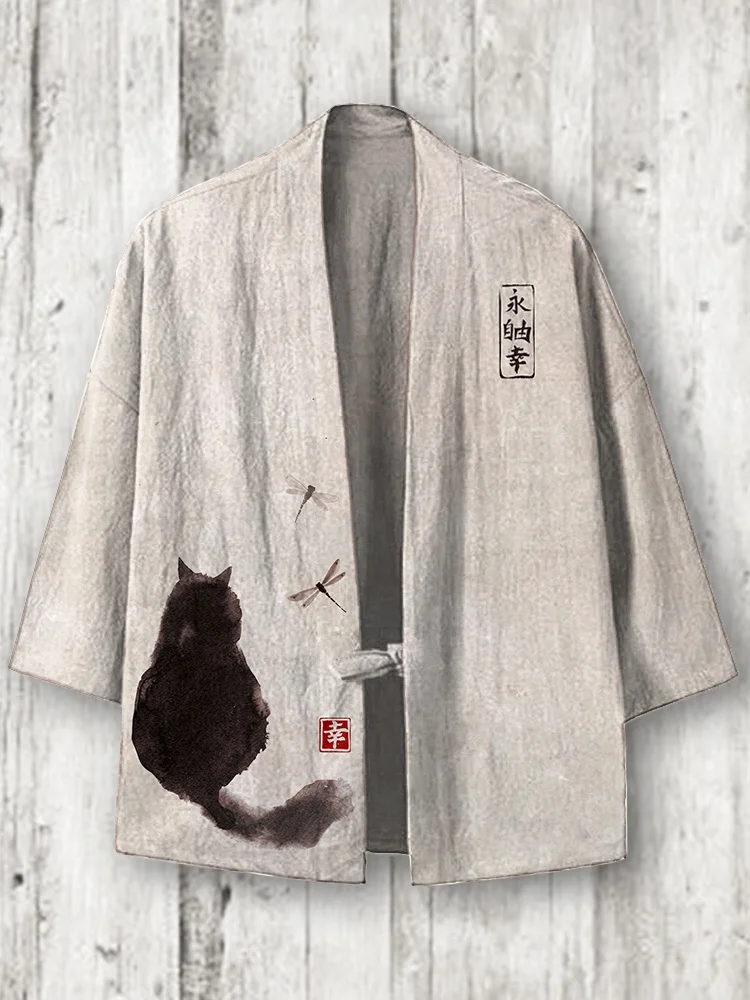 Japanese Art Cat Print Cozy Linen Blend Kimono Cardigan