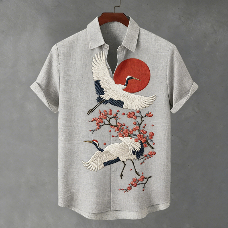 Men's Japanese-style Floral And Crane Print Short-sleeved Shirt  artssus