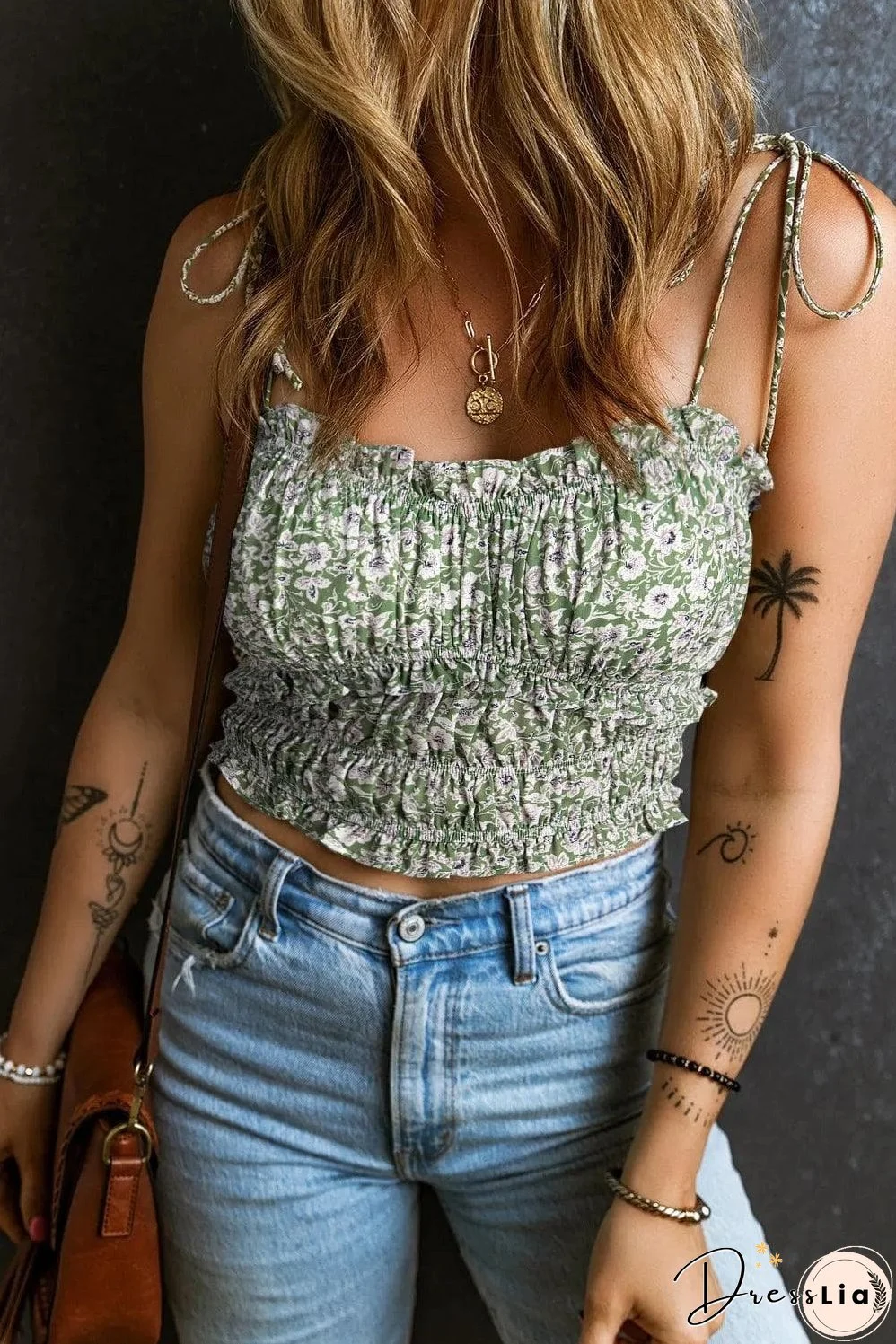 Green Floral Print Tie Spaghetti Straps Cropped Tank Top