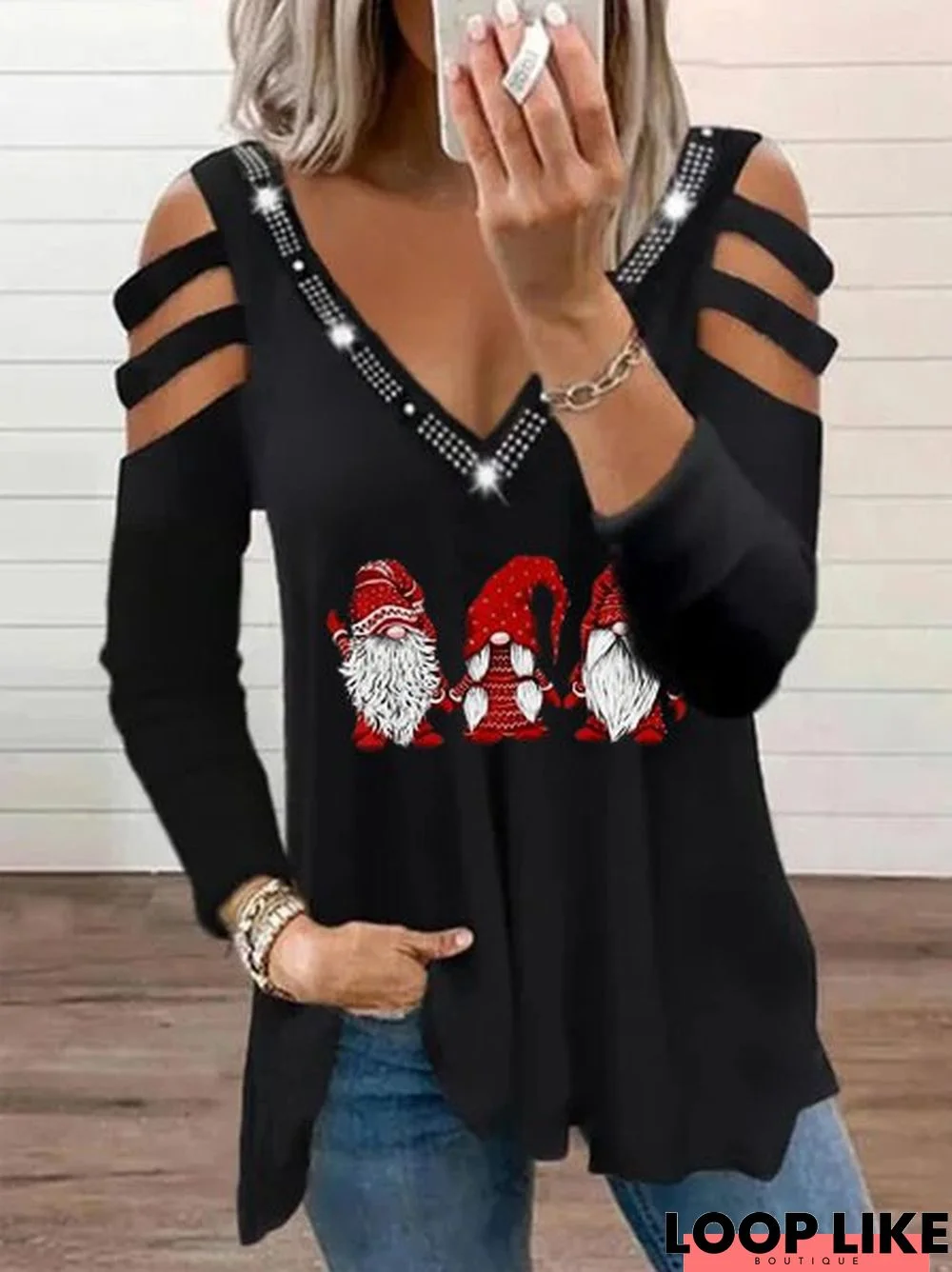 Christmas Printed Long Sleeve V Neck Tunic T-Shirt