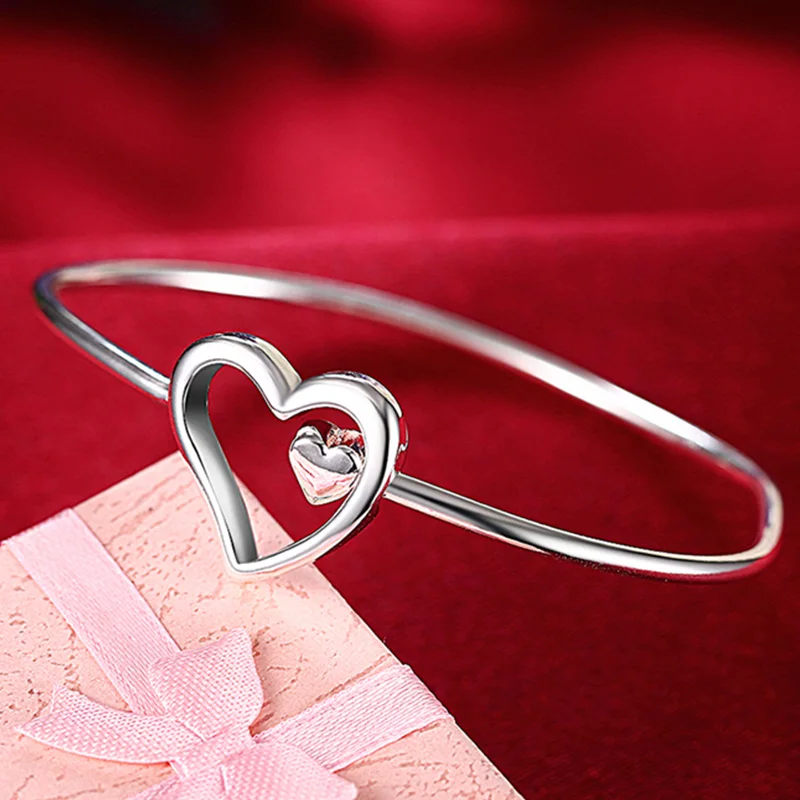 DOTEFFIL 925 Sterling Silver Heart Bangle Bracelet For Woman Jewelry