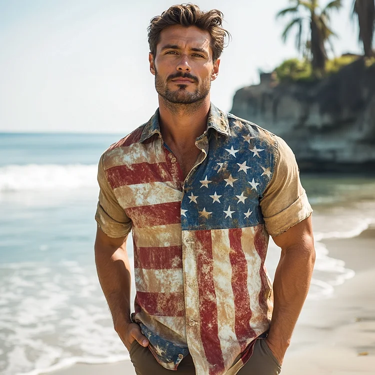 Men's Vintage Independence Day Flag Print Shirt