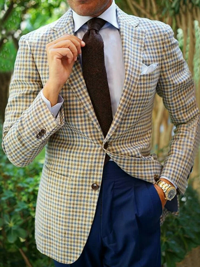 Men's Vintage Single-Breasted Plaid Gentleman's Business Suit Jacket 