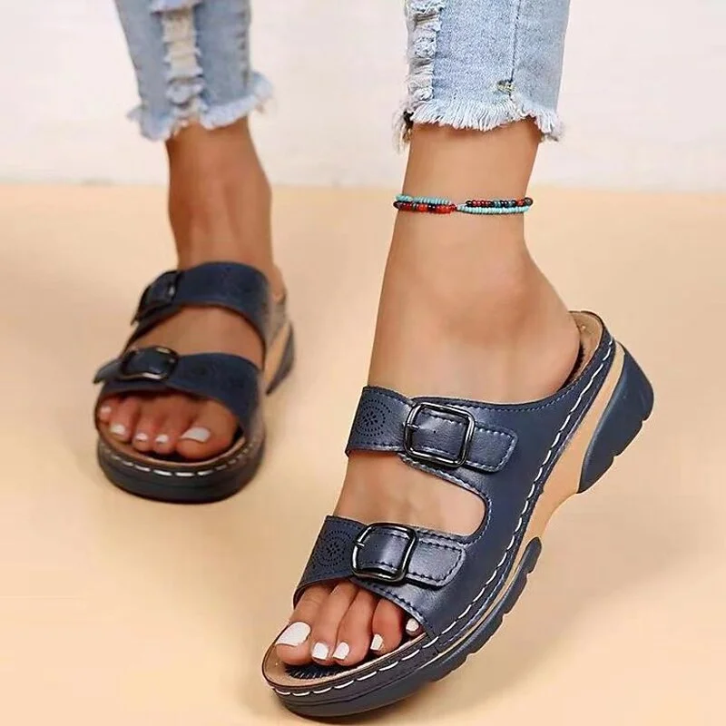 Women's Sandals Slippers Slip-Ons Wedge Sandals Platform Slippers Daily Summer Buckle Low Heel Round Toe Vintage Casual Classic Polyester Loafer Solid Color Yellow Blue Khaki | IFYHOME