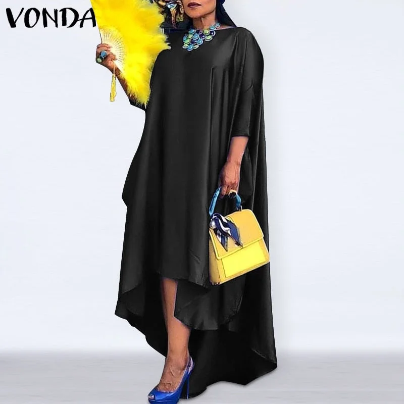 Women Casual 2/3 Sleeve Irregular Maxi Dress 2022 VONDA Robe Spring O Neck Asymmetrical Pleated Vestidos Elegant Long Sundress