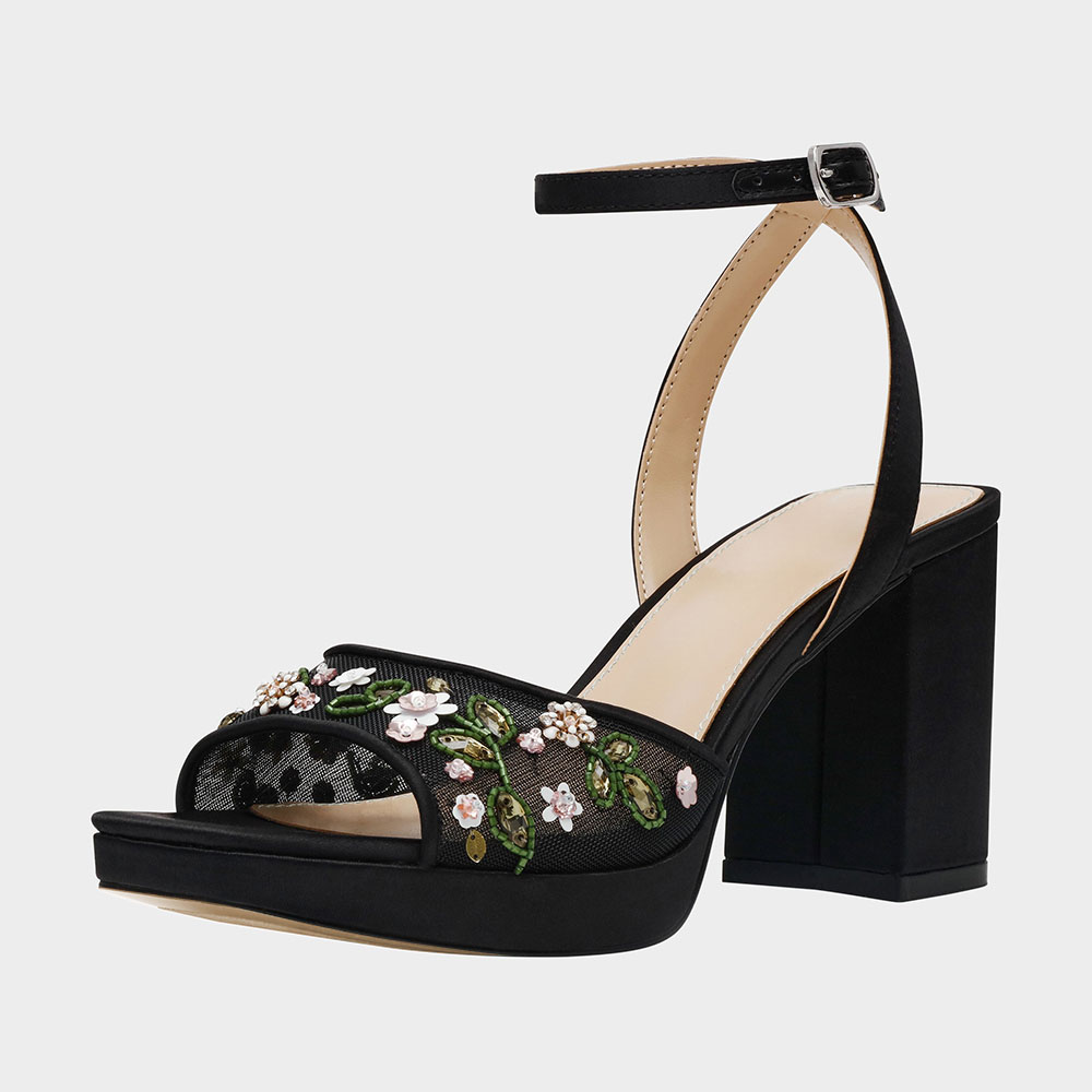 Black Floral Mesh Square Toe Ankle Strap Buckle Platform Heel Sandals Nicepairs