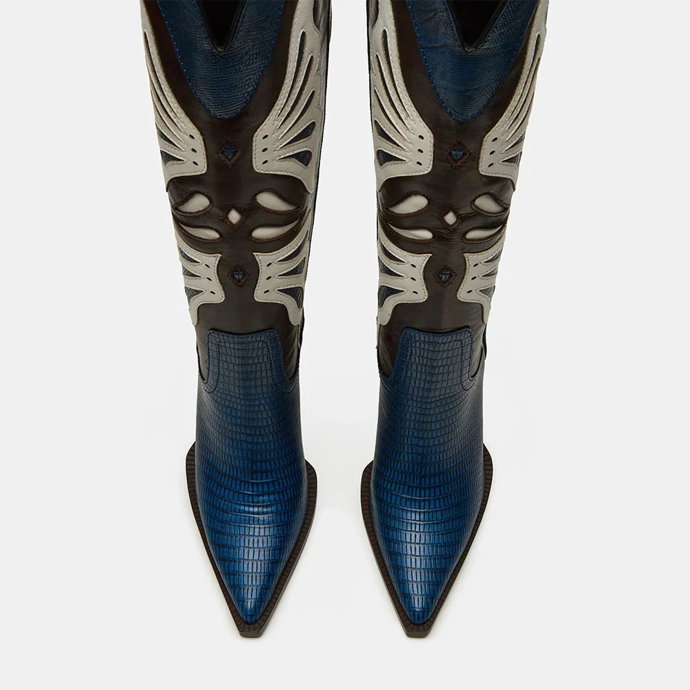 Blue Chunky Heel Butterfly Inlay Pointed Toe Western Boots for Women