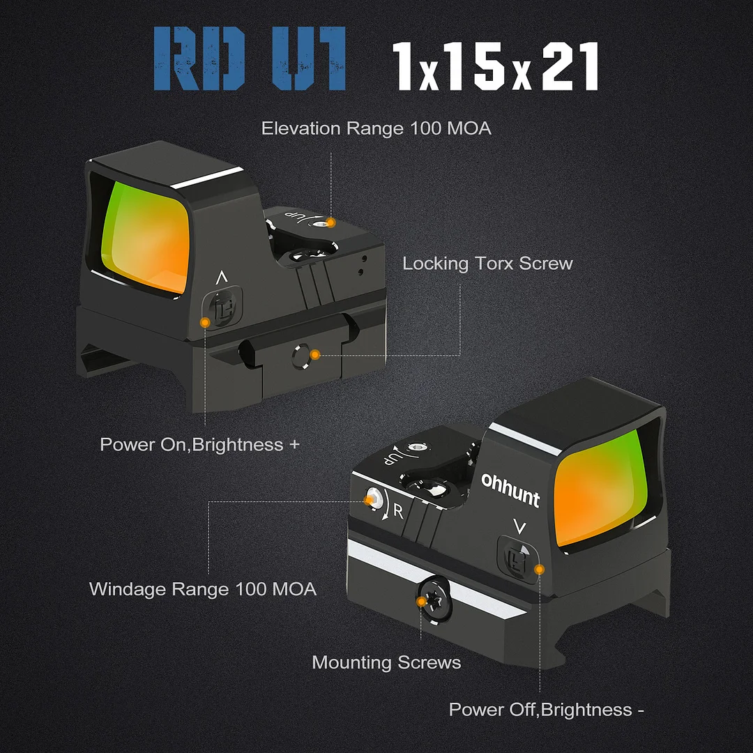 ohhunt® 1X21X15mm Red Dot Sight 3 MOA Reflex Sight Pistol Red Dot Scope with 21mm Picatinny Rail Mounts 10 Brightness Settings Shake Awake IPX67 Waterproof