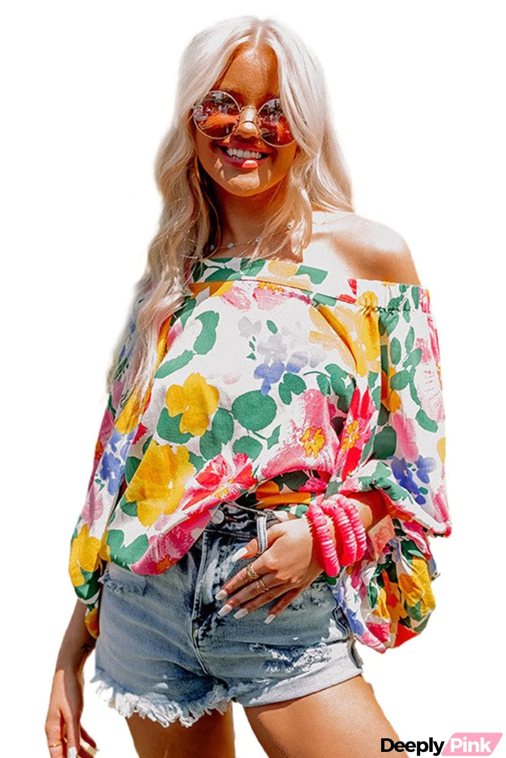 Colored Drawing Flowers Sexy Off Shoulder Top