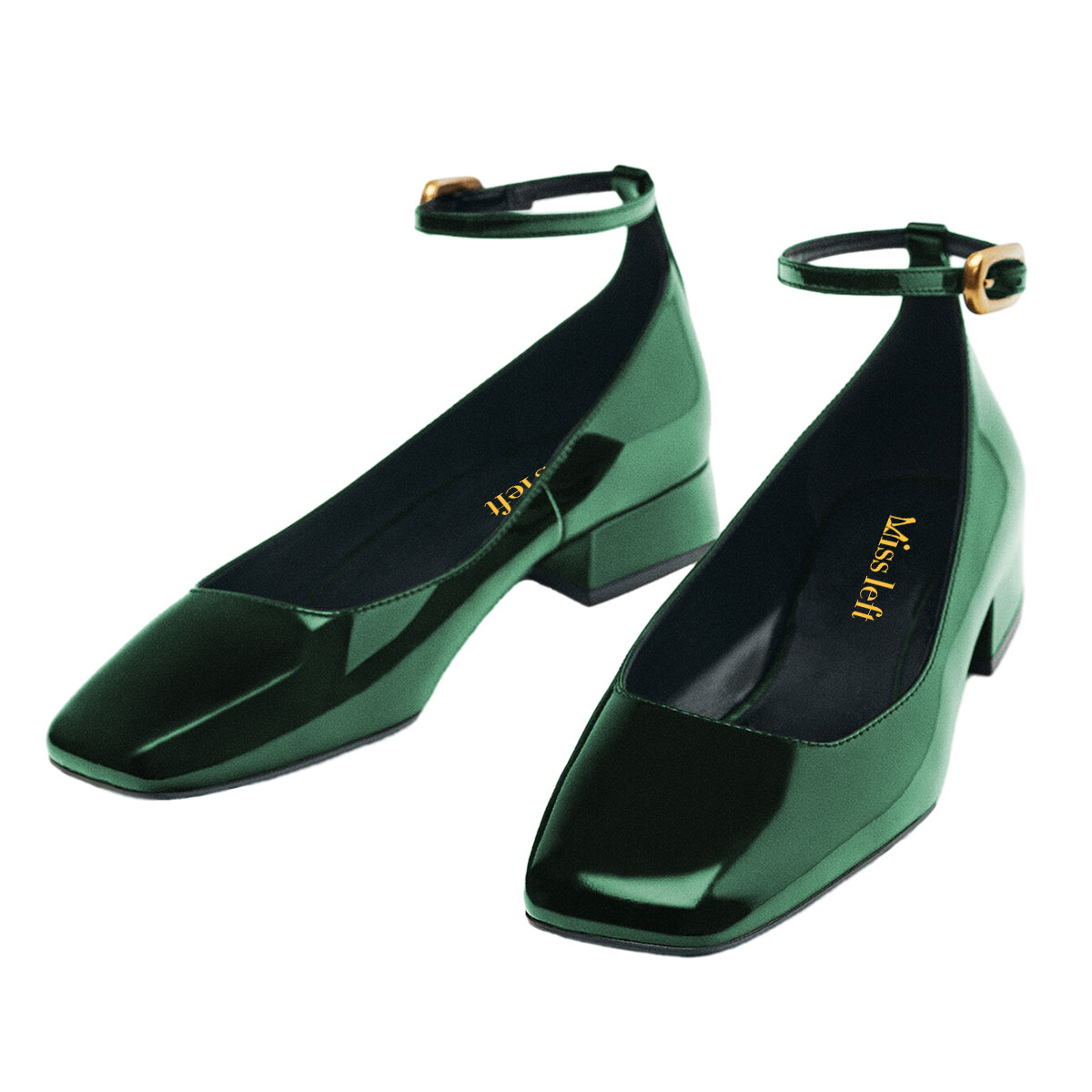 Green Mirror Leather Finish Block Heel Pumps with Buckle Ankle Strap Nicepairs