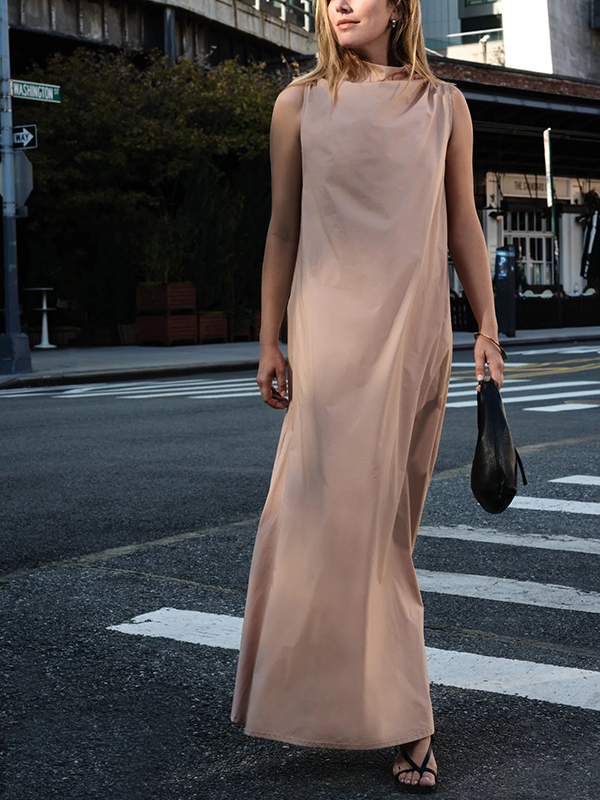Sleeveless High Neck Hidden Back Zip Side Pockets Maxi Dress