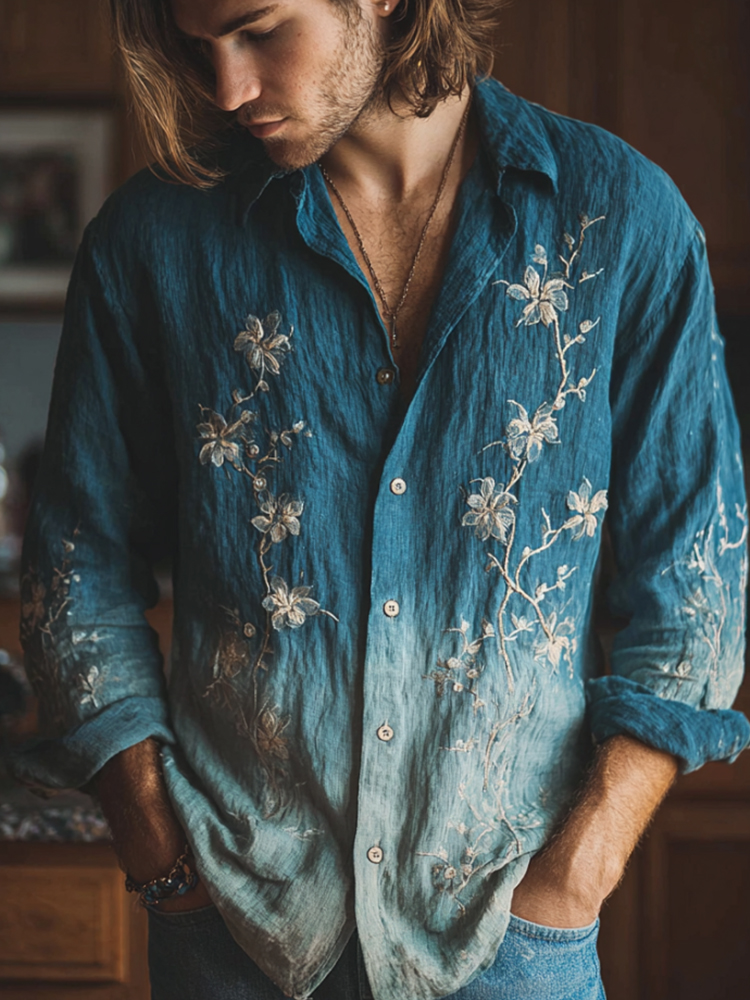 Japanese Style White Peony Gradient Leisure Linen Long Sleeve Shirt  artssus