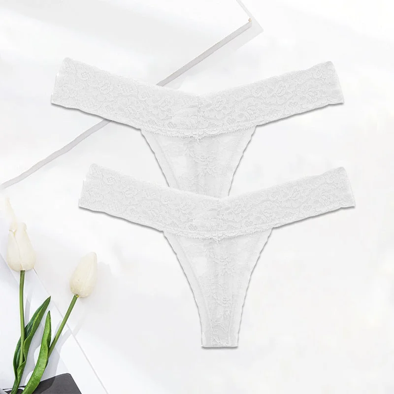 FINETOO 2PCS/Set M-XL Lace G-string Thong Panties for Woman Sexy Floral Underwear Transparent Women's Underpants Female Lingerie