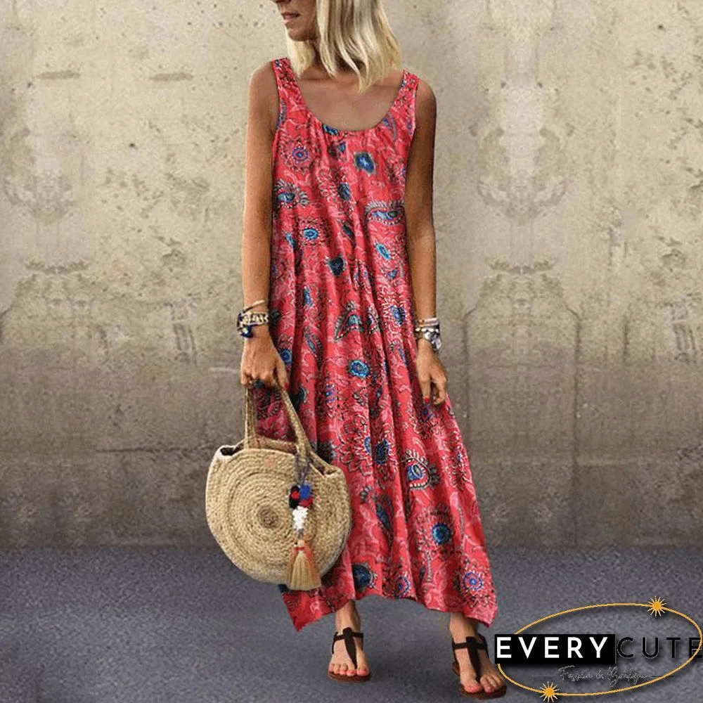 Summer Leisure Vacation Printing Sexy Round Neck Sleeveless Dress